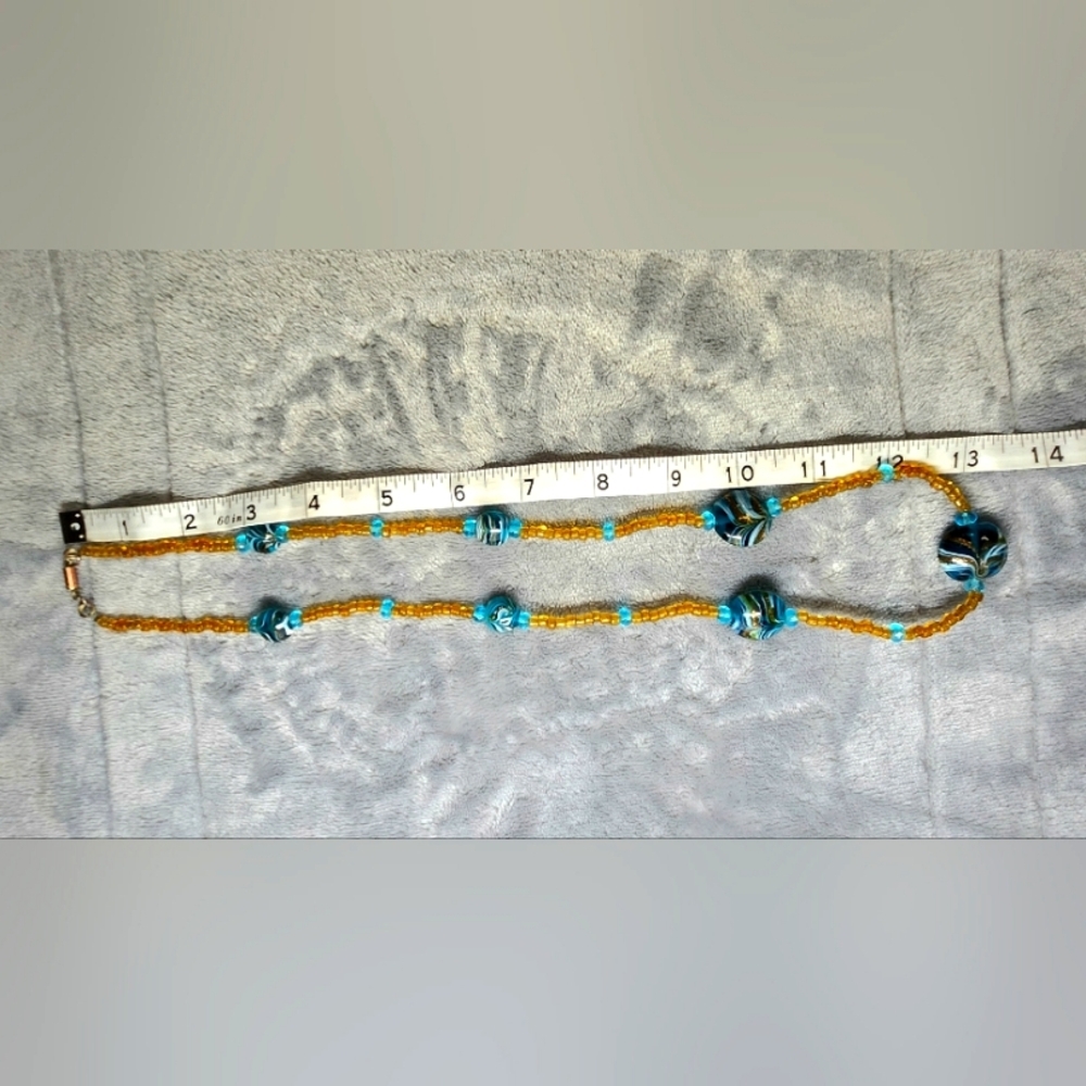 Blue and Gold Glass Beaded Necklace - Picture 2 of 5